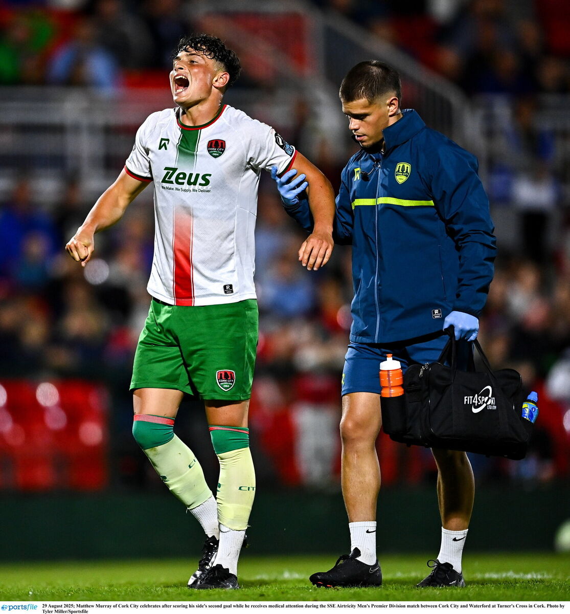 Matthew Murray of Cork City celebrates after scoring his side's second goal while he receives medical attention. Picture: Tyler Miller/Sportsfile Matthew Murray of Cork City celebrates after scoring his side's second goal while he receives medical attention. Picture: Tyler Miller/Sportsfile