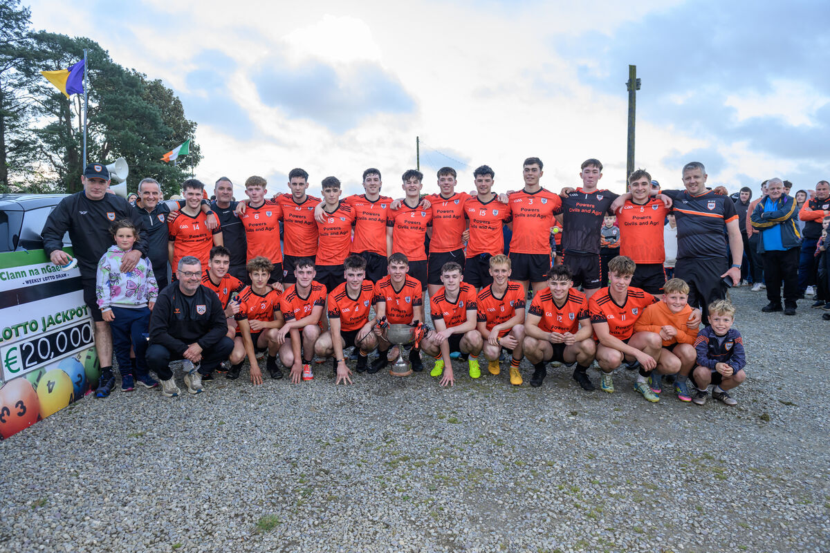  The St Colum’s team celebrate their victory over Ahán Gaels in the Clóna Milk Carbery U21B FC final at Drimoleague, Co Cork. Picture Dan Linehan
