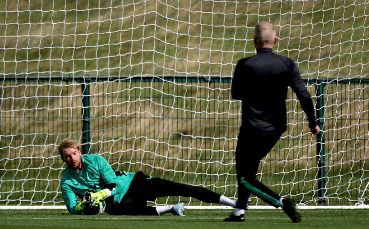 Ireland keeper and Corkman Caoimhin Kelleher makes a save at squad training at the FAI National Training Centre, Abbotstown Ireland keeper and Corkman Caoimhin Kelleher makes a save at squad training at the FAI National Training Centre, Abbotstown