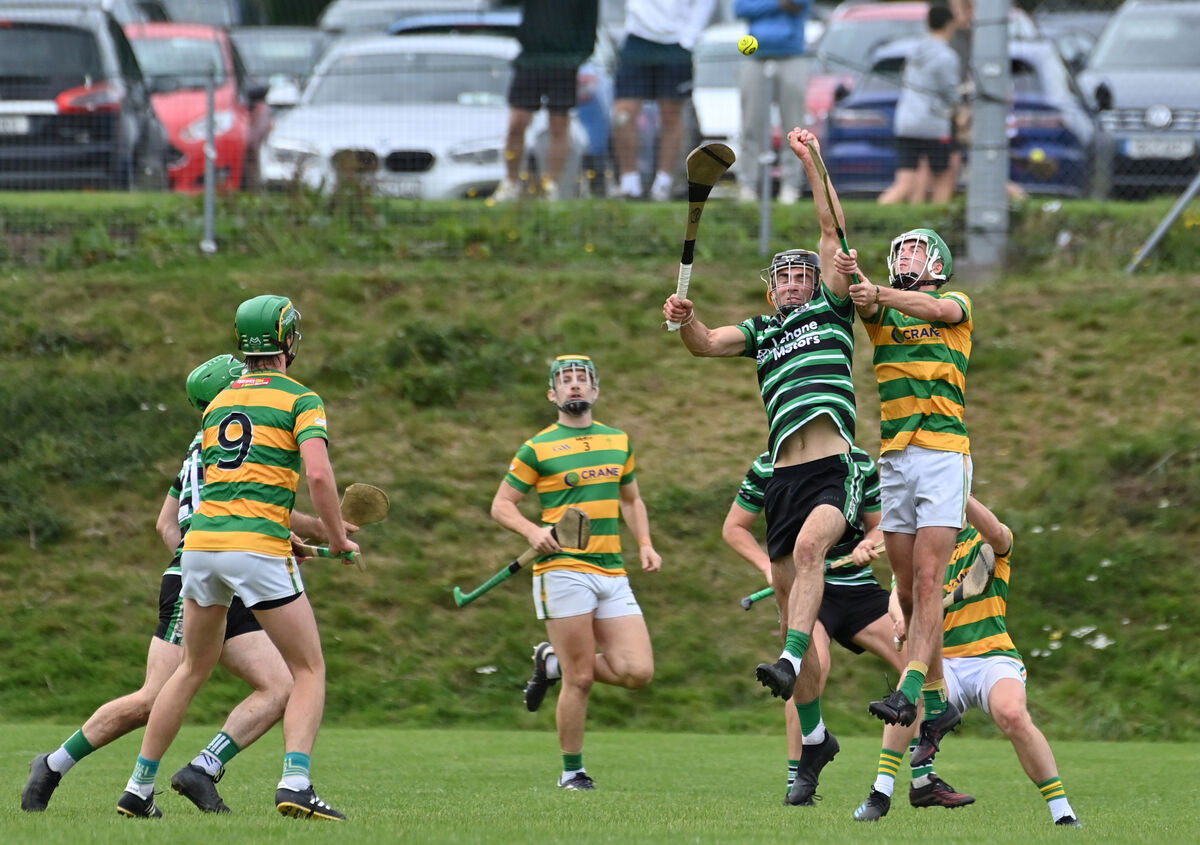  Peter Linehan, Blackrock, jumping for this ball with Mark Howell, Douglas. Picture: Dan Linehan