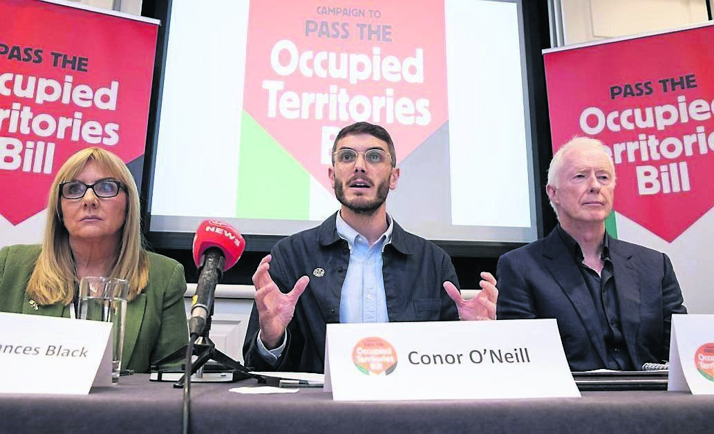 Frances Black, senator, Conor O’Neill, Christian Aid Ireland, and Éamonn Meehan, chair of Sadaka, the Ireland Palestine Alliance, during the campaign to pass the Occupied Territories Bill.	Picture: Gareth Chaney
                    