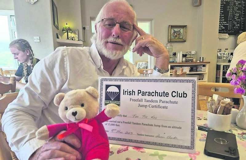 Liam Cunningham skydives with his teddy bear Red. The teddy is to be auctioned off for the TLC charity on September 19 at the Carrigaline Court Hotel Liam Cunningham skydives with his teddy bear Red. The teddy is to be auctioned off for the TLC charity on September 19 at the Carrigaline Court Hotel