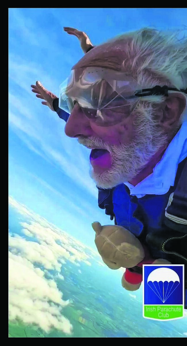 Liam Cunningham skydives with his teddy bear Red. The teddy is to be auctioned off for the TLC charity on September 19 at the Carrigaline Court Hotel