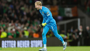 <p>Ireland's goalkeeper Caoimhin Kelleher celebrates Adam Idah scoring their sides’ second goal of the game against Hungary.</p>