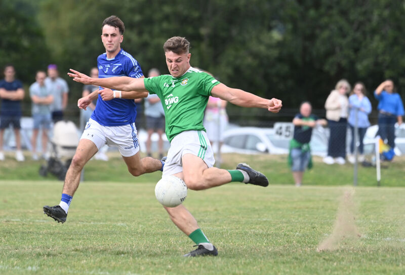Aghada's Kyle O'Shea scores a goal against Bantry Blues last month. Picture: Larry Cummins
