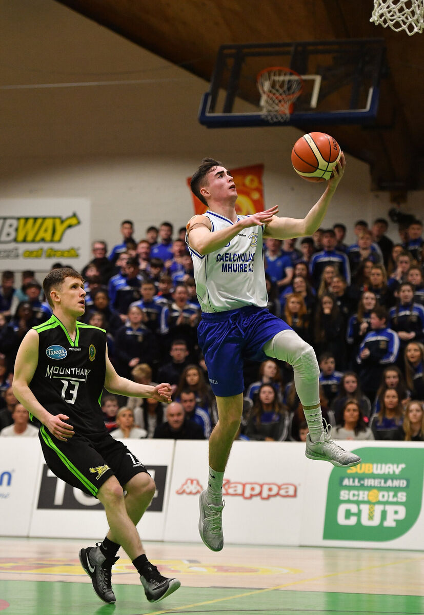 James Hannigan of Gael Cholaiste Mhuire in action against James Fernane of Mercy Mounthawk during the Subway All-Ireland Schools Cup U19 A Boys Final match between Mercy Mounthawk and Gael Cholaiste Mhuire AG at the National Basketball Arena in Tallaght, Dublin. Photo by Brendan Moran/Sportsfile James Hannigan of Gael Cholaiste Mhuire in action against James Fernane of Mercy Mounthawk during the Subway All-Ireland Schools Cup U19 A Boys Final match between Mercy Mounthawk and Gael Cholaiste Mhuire AG at the National Basketball Arena in Tallaght, Dublin. Photo by Brendan Moran/Sportsfile