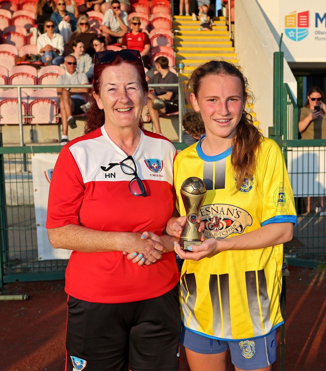  Helen Noonan, CWSSL presents the Player of the Match award to Alex Carroll, Douglas Hall U16.