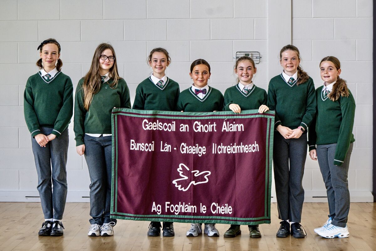 Eilish Rose, Delilah Cosgrove, Siún Moakley Reilly, Gracie Rall O’Connor, Tess Kenny, Aoibhín Burke, and Alexandra Rall-O’Connor pictured with the banner that welcomed Lord Mayor of Cork councillor Fergal Dennehy to Gaelscoil an Ghoirt Álainn during his annual visit to primary schools in Cork city.   Eilish Rose, Delilah Cosgrove, Siún Moakley Reilly, Gracie Rall O’Connor, Tess Kenny, Aoibhín Burke, and Alexandra Rall-O’Connor pictured with the banner that welcomed Lord Mayor of Cork councillor Fergal Dennehy to Gaelscoil an Ghoirt Álainn during his annual visit to primary schools in Cork city.