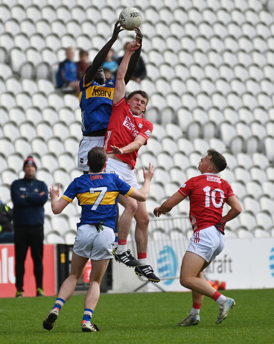 Tipperary's JP Mbokha Tansia gets above Cork's Trevor Kiely this season. Picture: Eddie O'Hare