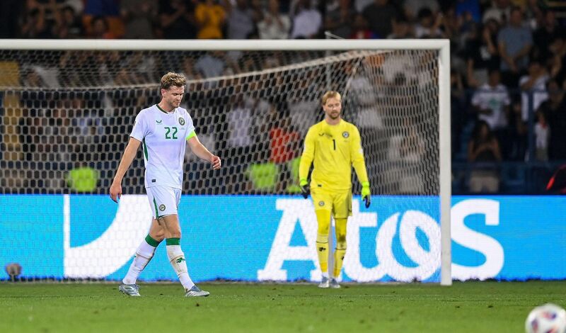 Ireland's Nathan Collins reacts after conceding a second goal to Armenia during the FIFA World Cup 2026 Group F qualifying match at Vazgen Sargsyan Republican Stadium in Yerevan last Tuesday. Picture:  Stephen McCarthy/Sportsfile