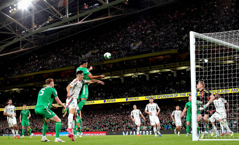 Ireland’s Adam Idah scores his side’s equaliser against Hungary at the Aviva on Saturday. Picture: INPHO/Ryan Byrne