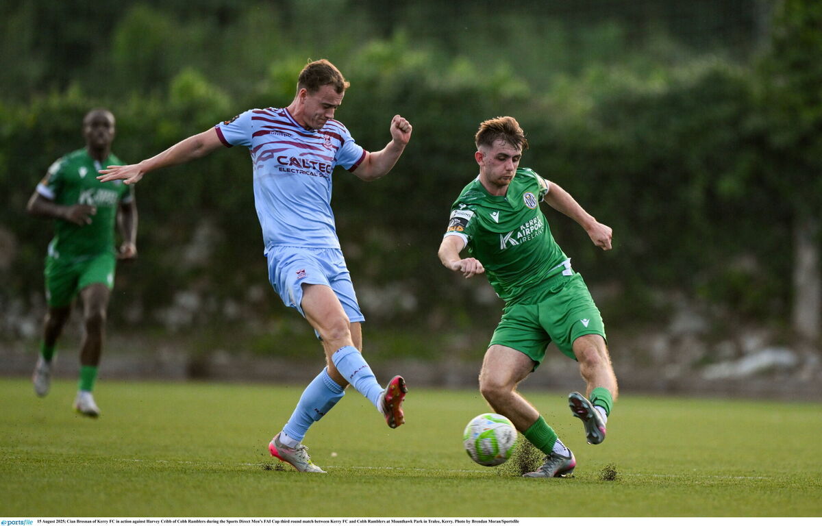 Cian Brosnan of Kerry FC in action against Harvey Cribb of Cobh Ramblers. Picture: Brendan Moran/Sportsfile Cian Brosnan of Kerry FC in action against Harvey Cribb of Cobh Ramblers. Picture: Brendan Moran/Sportsfile