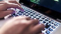 Hacker code in laptop. Cyber security, privacy or hack threat. Coder or programmer writing virus software, malware, internet att