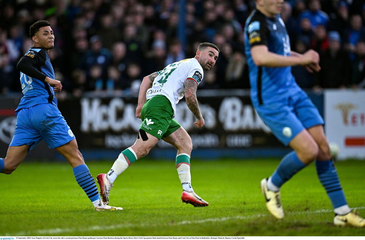Sean Maguire of Cork City scores his side's second goal past Finn Harps goalkeeper Lorenzo Piaia Barbosa during the Sports Direct Men’s FAI Cup quarter-final match between Finn Harps and Cork City at Finn Park in Ballybofey, Donegal. Photo by Ramsey Cardy/Sportsfile Sean Maguire of Cork City scores his side's second goal past Finn Harps goalkeeper Lorenzo Piaia Barbosa during the Sports Direct Men’s FAI Cup quarter-final match between Finn Harps and Cork City at Finn Park in Ballybofey, Donegal. Photo by Ramsey Cardy/Sportsfile