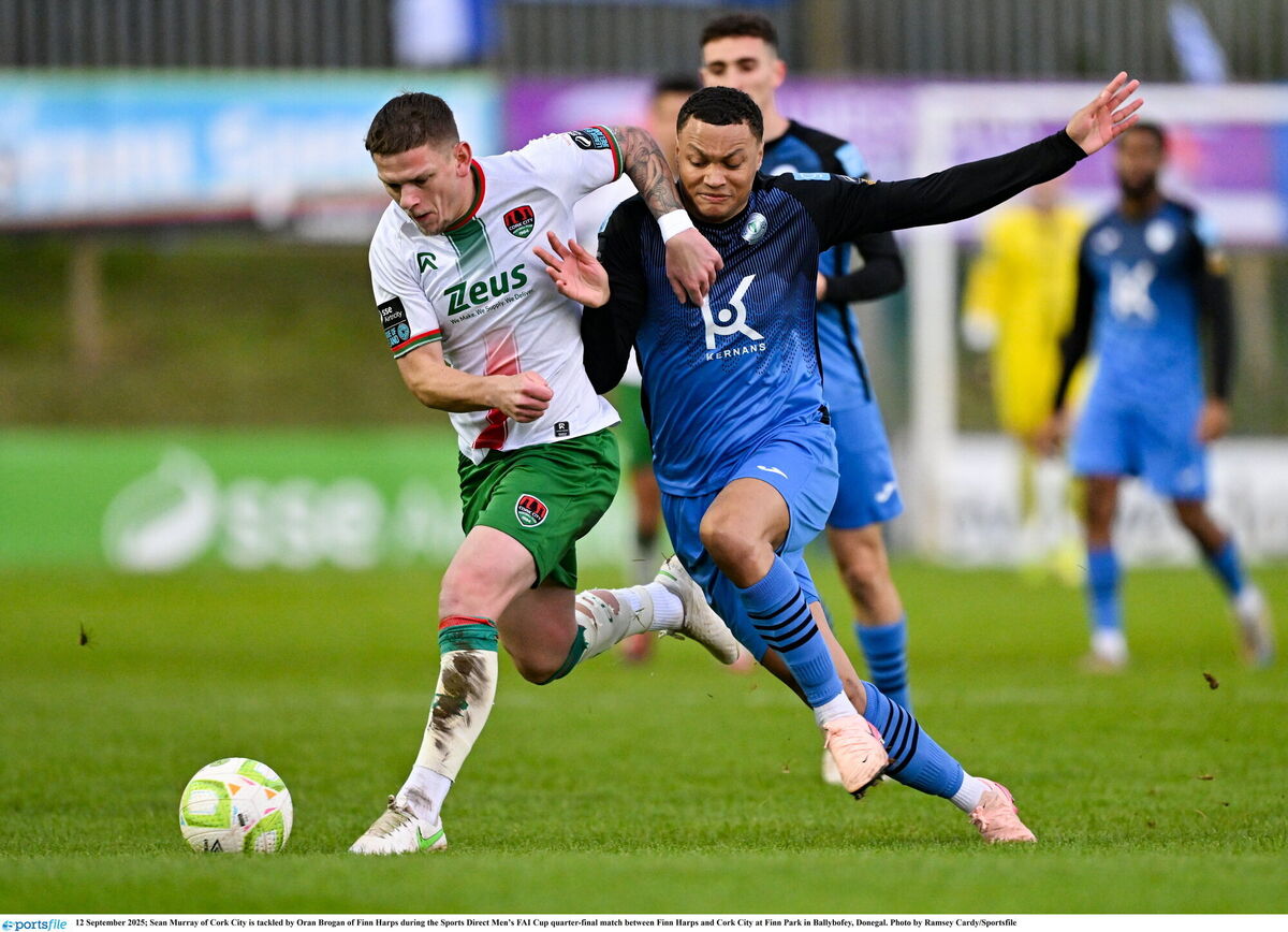 Sean Murray of Cork City is tackled by Oran Brogan of Finn Harps during the Sports Direct Men’s FAI Cup quarter-final match between Finn Harps and Cork City at Finn Park in Ballybofey, Donegal. Photo by Ramsey Cardy/Sportsfile Sean Murray of Cork City is tackled by Oran Brogan of Finn Harps during the Sports Direct Men’s FAI Cup quarter-final match between Finn Harps and Cork City at Finn Park in Ballybofey, Donegal. Photo by Ramsey Cardy/Sportsfile