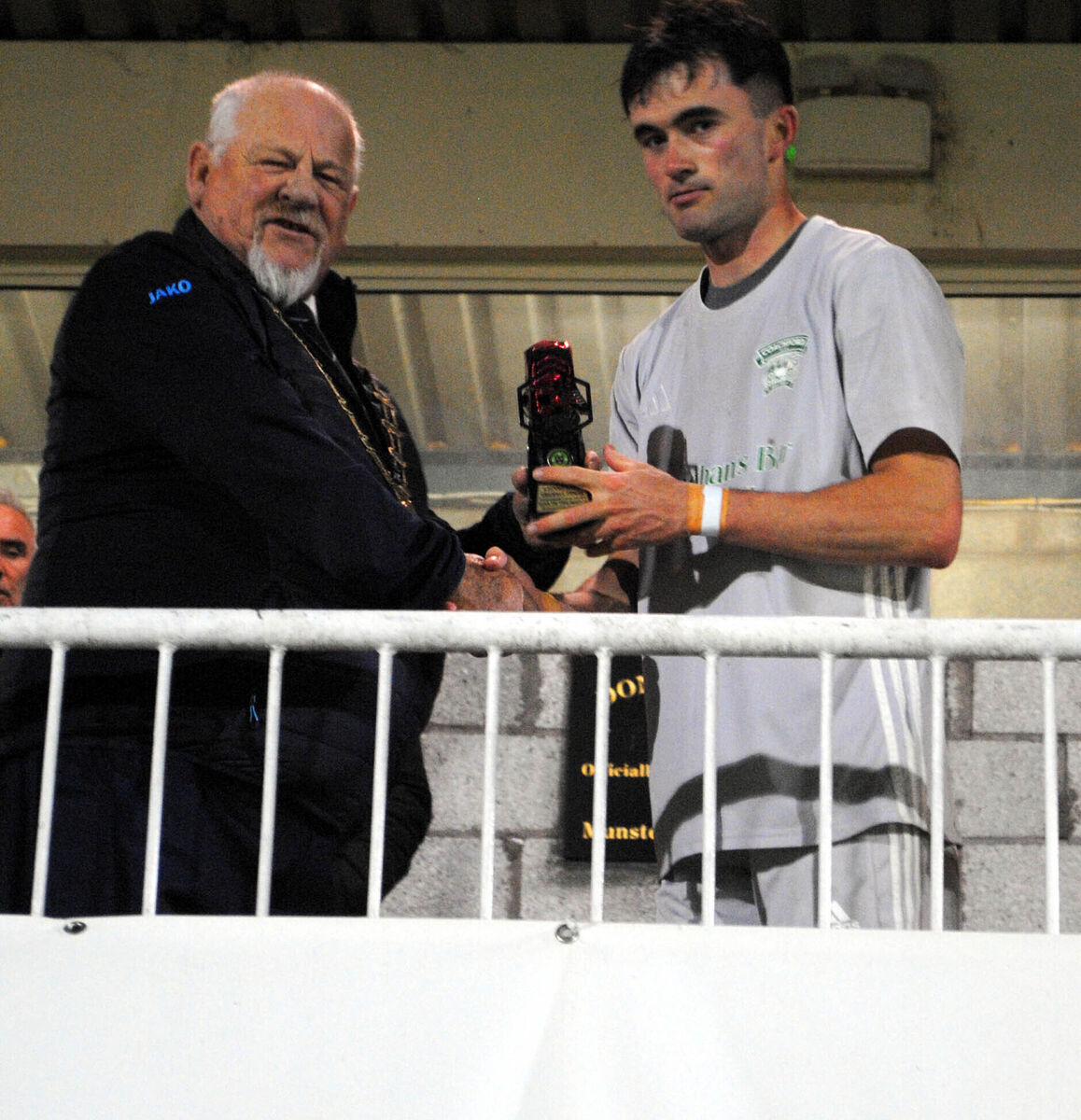 MFA chairman Leslie Doyle presents the Man of the Match award to Coachford's Cialan O'Sullivan. Picture: Barry Peelo. MFA chairman Leslie Doyle presents the Man of the Match award to Coachford's Cialan O'Sullivan. Picture: Barry Peelo.