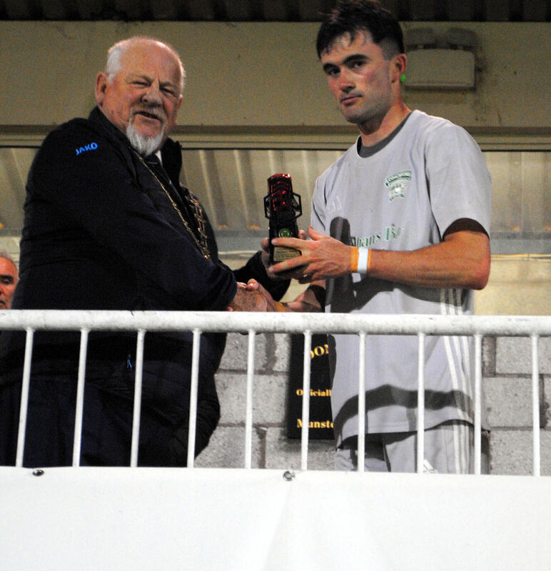 MFA chairman Leslie Doyle presents the Man of the Match award to Coachford's Cialan O'Sullivan. Picture: Barry Peelo. MFA chairman Leslie Doyle presents the Man of the Match award to Coachford's Cialan O'Sullivan. Picture: Barry Peelo.