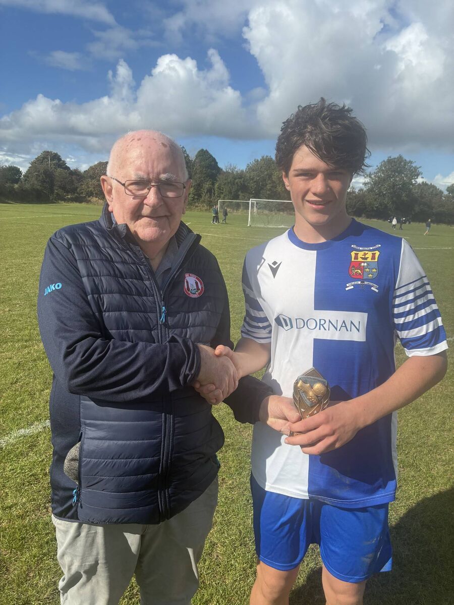 Youth Soccer: Peadar O’Leary of the Cork Youth League presenting the Gary McCarthy Trophies Man of the Match to College Corinthians' Sean Fleming-Byrne after their U17 Premier game against St Mary’s. Youth Soccer: Peadar O’Leary of the Cork Youth League presenting the Gary McCarthy Trophies Man of the Match to College Corinthians' Sean Fleming-Byrne after their U17 Premier game against St Mary’s.