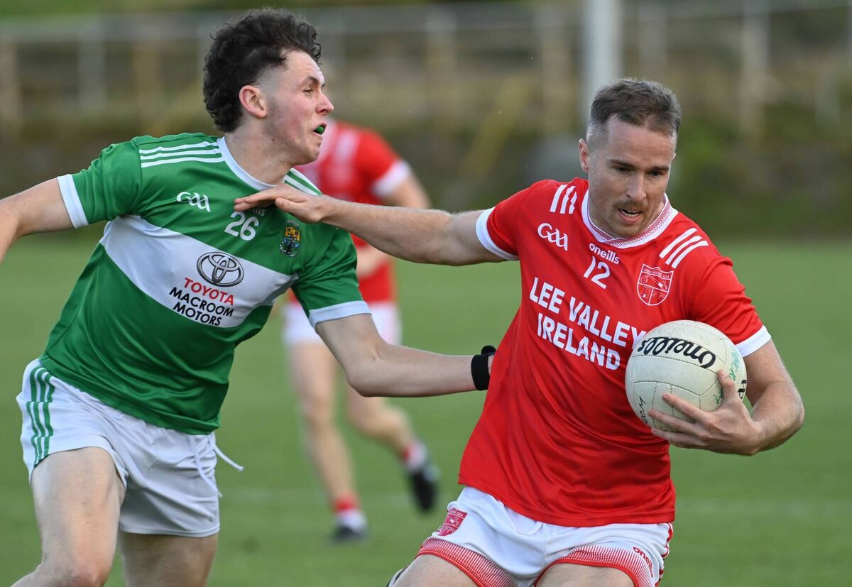 Uibh Laoire's Barry O'Leary holds off Macroom's Darragh Kiernan during the McCarthy Insurance Group Premier IFC at Cill Na Martra. Picture: Eddie O'Hare