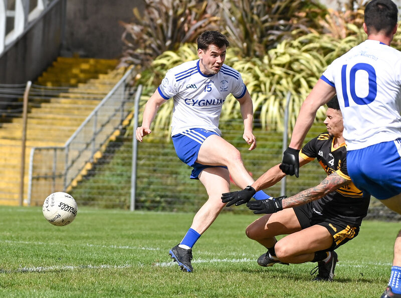  Clyda Rovers' Mike Ford makes a great block to deny Cill na Martra's Shane O Duinnin . Picture: David Keane.