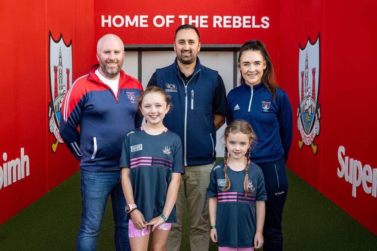 Jonathan Anthony of Integrated Control Systems with his daughters Avaya and Aliya pictured with Sciath na Scol committee members Colm O’Sullivan and Niamh Ní Chaoimh. Picture: Chani Anderson