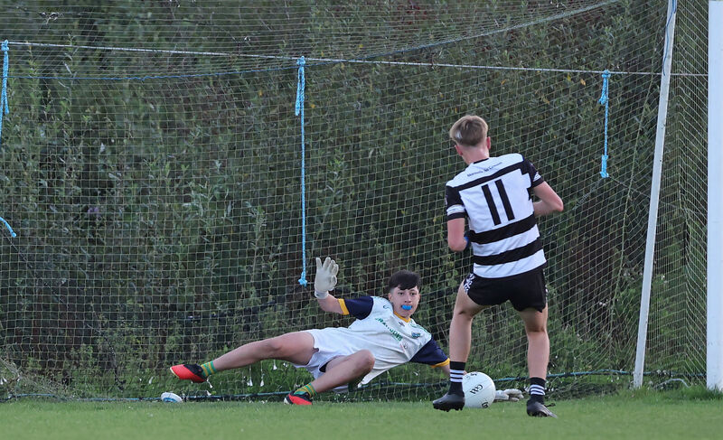 Charlie McCarthy, Midleton, has his first half penalty saved by Tadhg Lynch, Glanmire goalkeeper. Picture: Jim Coughlan. Charlie McCarthy, Midleton, has his first half penalty saved by Tadhg Lynch, Glanmire goalkeeper. Picture: Jim Coughlan.