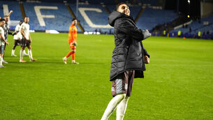 <p>Grimsby's Jaze Kabia celebrates with team-mates in front of fans following victory in the Carabao Cup third round match at Hillsborough, Sheffield. </p>