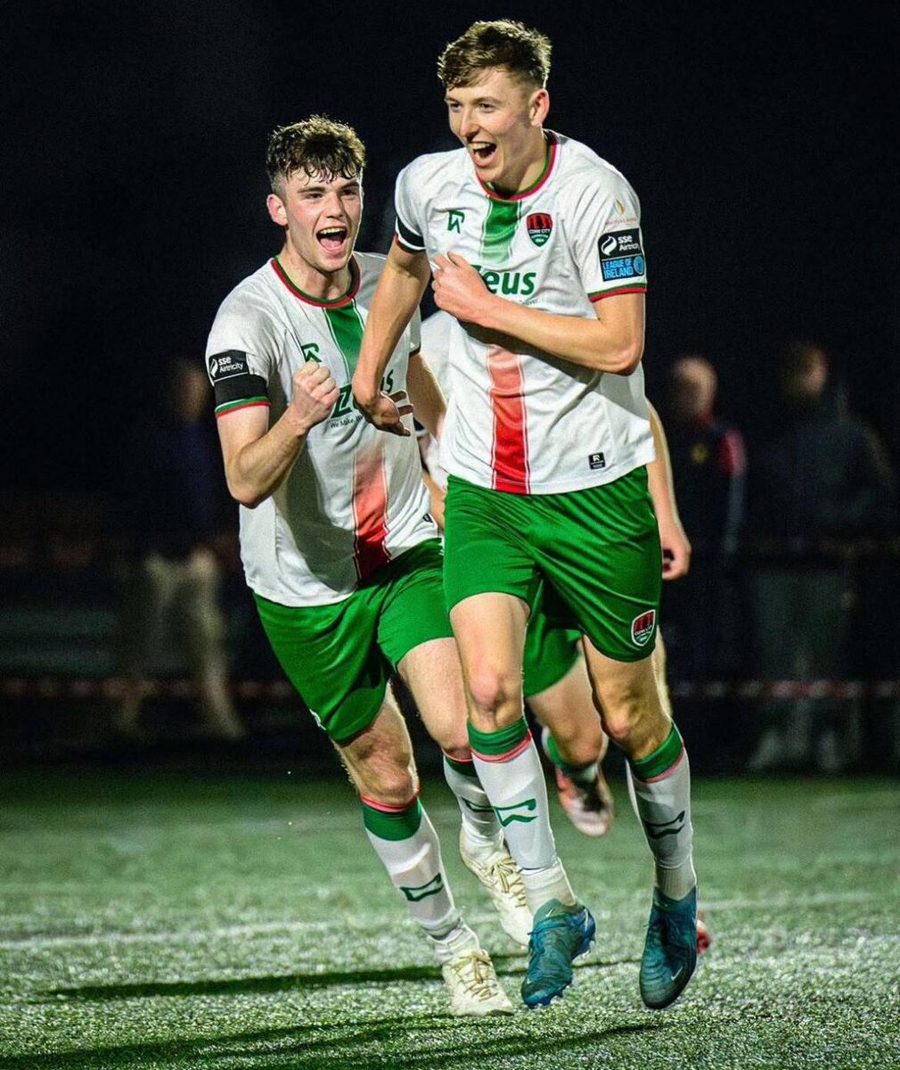 Cork City rising star Luke Downey celebrates his goal against Carrigaline in the Munster Cup quarter-final. 