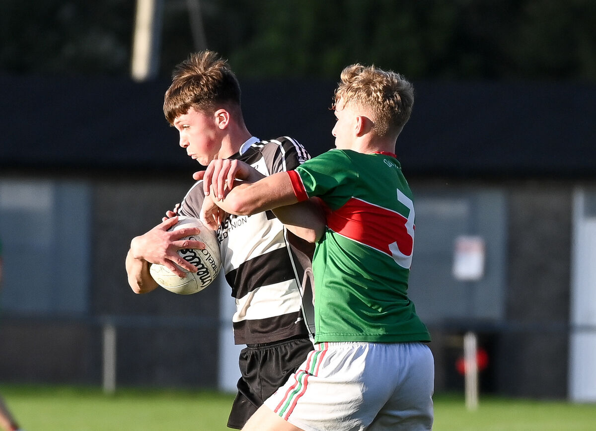  Clonakilty's James Costello tackles Donoughmore's Paddy Murphy during their Premier 2 MFC clash at the Mardyke. Picture: David Keane