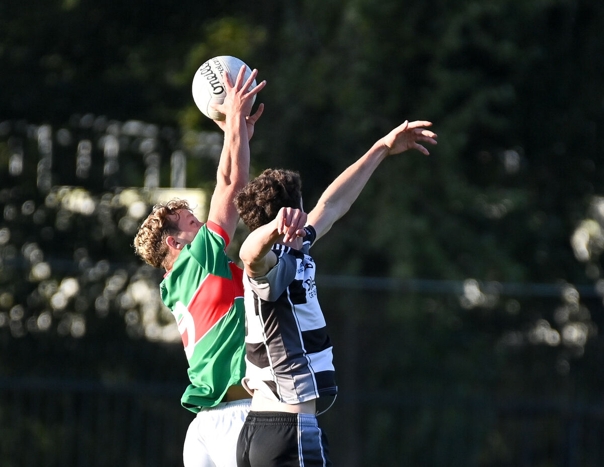  Clonakilty's Dylan Harrington goes high to win possession from Donoughmore's Daniel Golden during their Premier 2 MFC clash at the Mardyke. Picture: David Keane