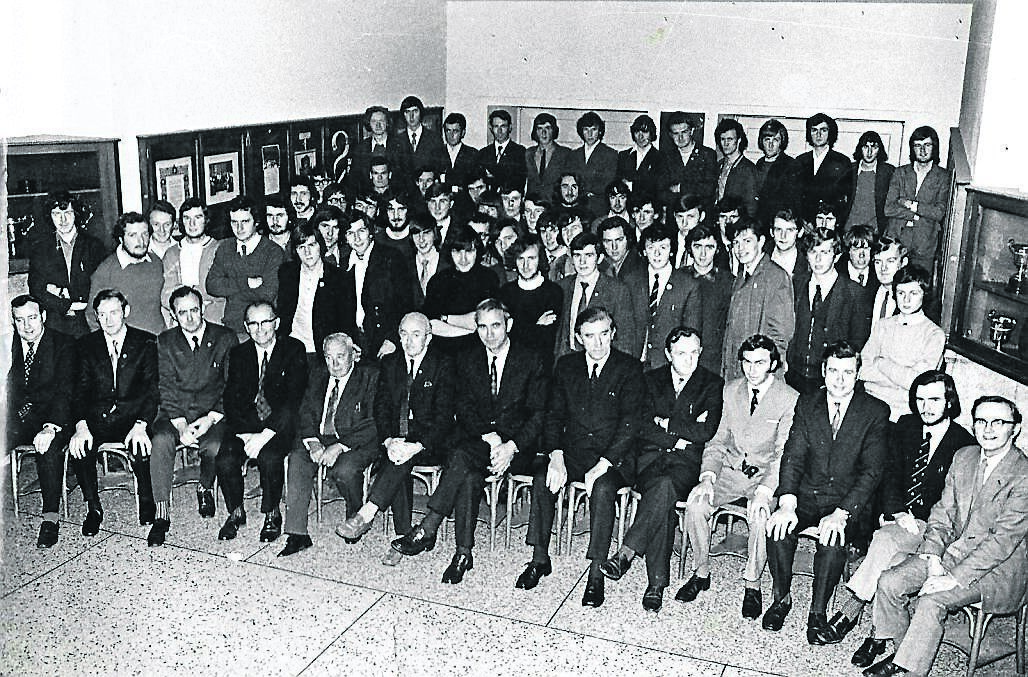 CLASS OF 1972: The group of 30 students who started a woodwork teaching training course at Cork School of Commerce in 1972, along with the previous class, the course head, other staff members, and officials from Cork City VEC, including then Chairman Gus Healy