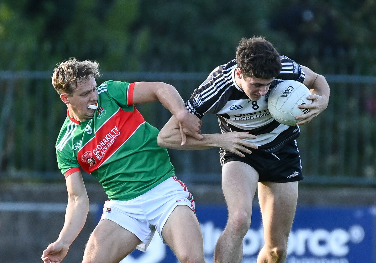  Donoughmore's Daniel Golden is tackled by Clonakilty's Dylan Harrington during their Premier 2 MFC clash at the Mardyke. Picture: David Keane