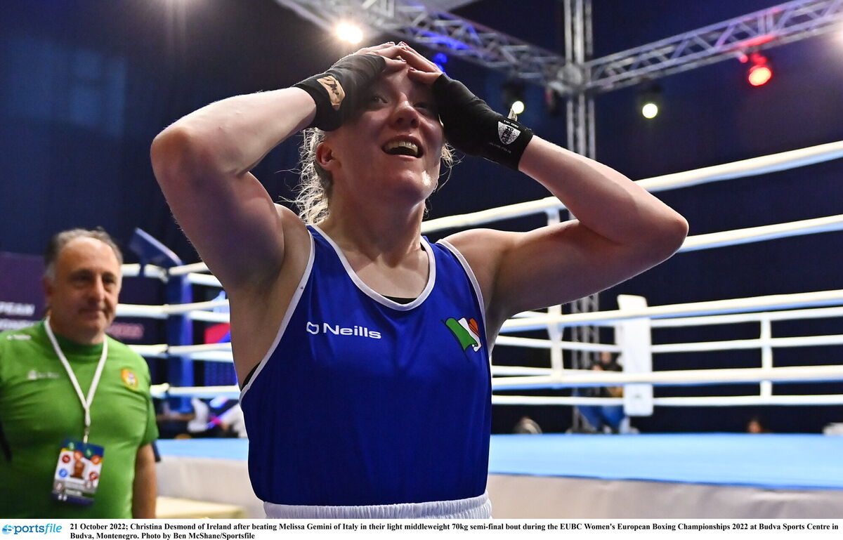 Christina Desmond of Ireland after beating Melissa Gemini of Italy in their light middleweight 70kg semi-final bout during the EUBC Women's European Boxing Championships 2022 at Budva Sports Centre in Budva, Montenegro. Photo by Ben McShane/Sportsfile
