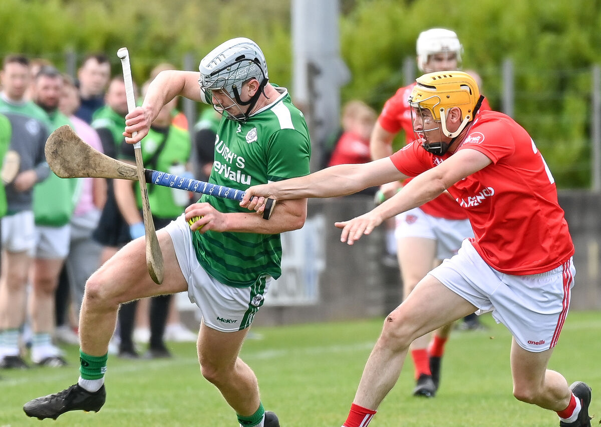  Castlemartyr's Liam Martin tackles Ballincollig's Theo Morgan, during their Premier IHC clash at Carrigtwohill. Picture: David Keane.