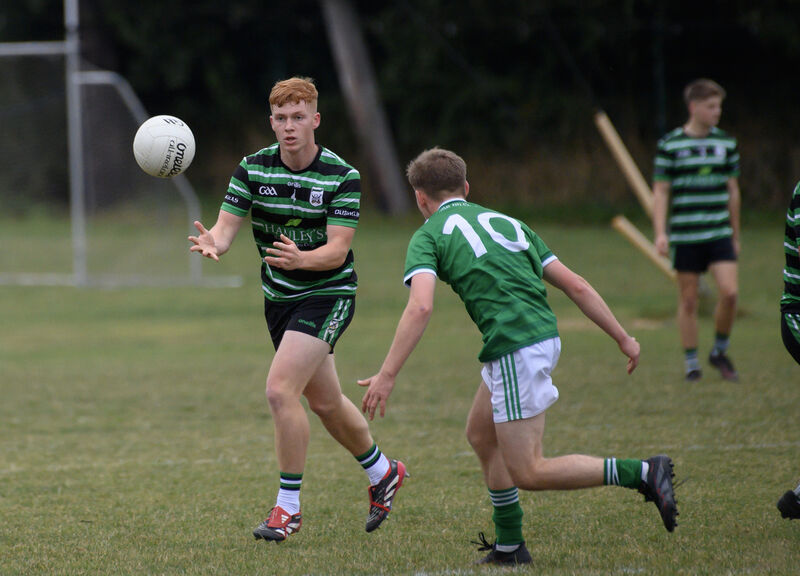  Diarmuid O'Donoghue, Douglas, getting his pass away watched by Michael Delaney, Ballincollig,  during their Rebel Óg Premier 1 Minor Football Championship match at Douglas. Picture: Dan Linehan