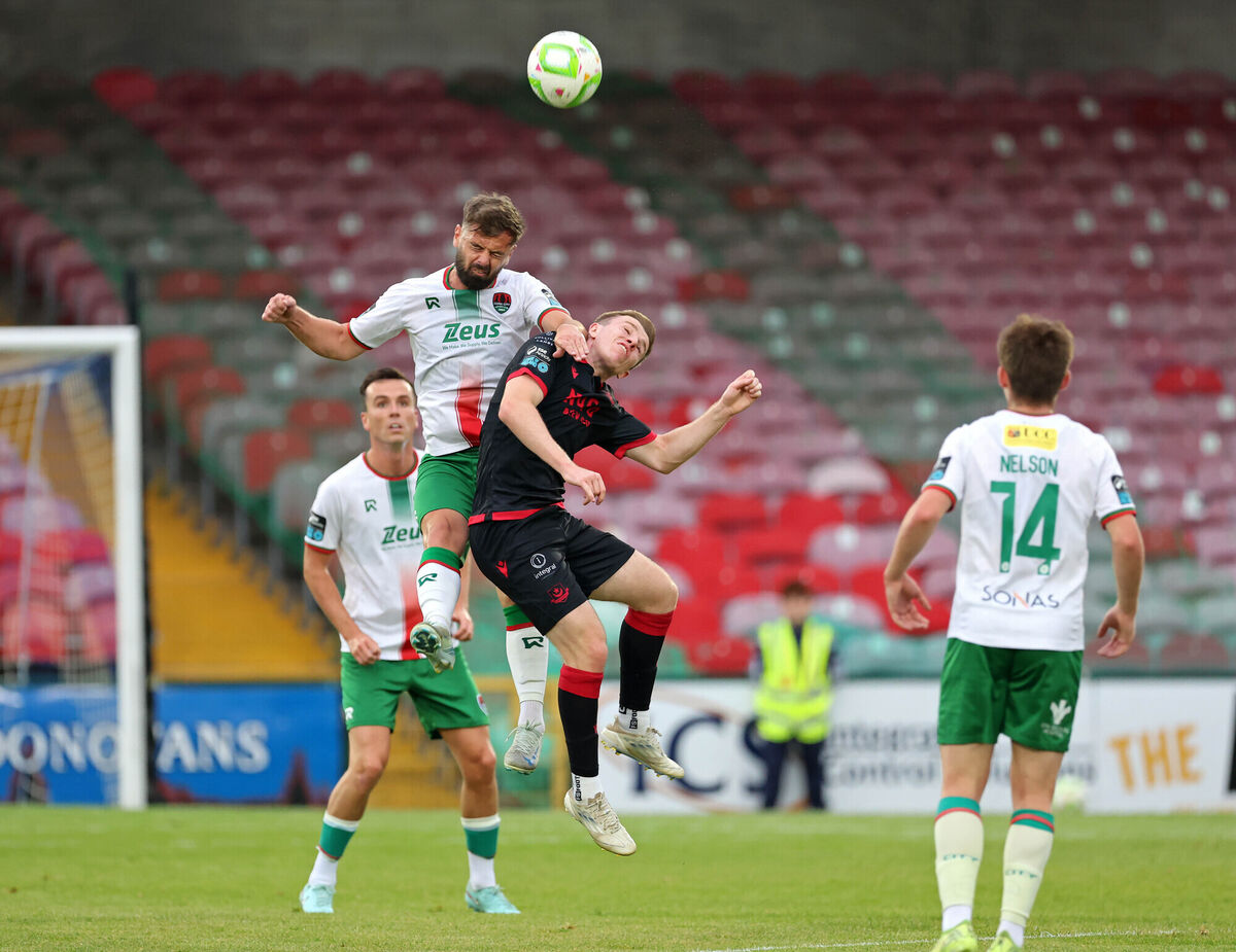  Greg Bolger rises high to head clear for Cork City at Turner's Cross. Picture: Jim Coughlan.