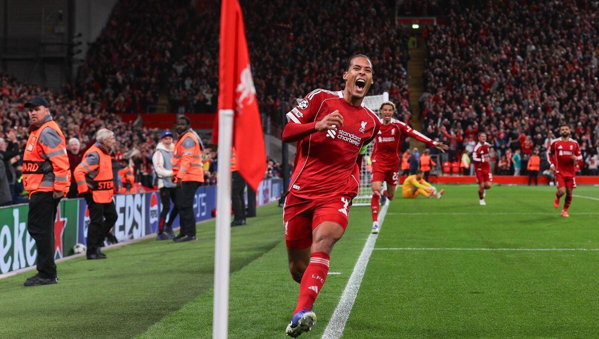 Virgil van Dijk of Liverpool celebrates after scoring their side's third goal in injury time during the UEFA Champions League match against Atletico de Madrid at Anfield. Picture: James Gill - Danehouse/Getty Images Virgil van Dijk of Liverpool celebrates after scoring their side's third goal in injury time during the UEFA Champions League match against Atletico de Madrid at Anfield. Picture: James Gill - Danehouse/Getty Images