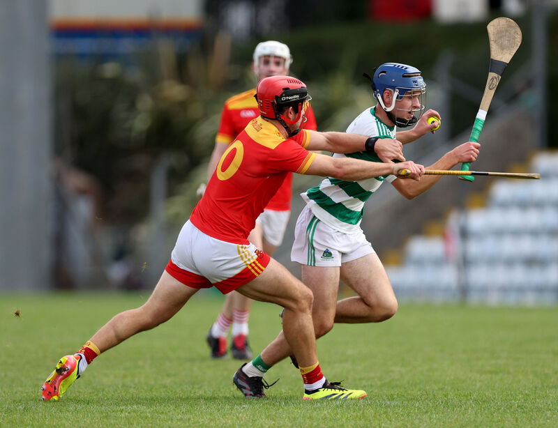  Kevin Sheehan of Mallow challenges Valley Rovers' Shane Ryan - this weekend, Valleys face Cloyne in a Premier IHC quarter-final while Mallow must take on Castlemartyr with survival at stake. Picture: Jim Coughlan