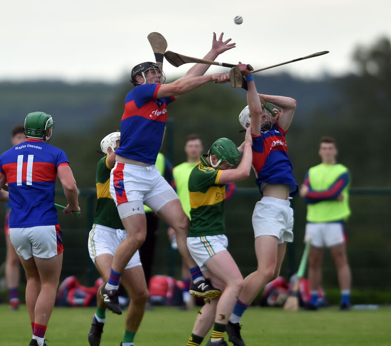 Erin's Own's Eoghan Murphy going highest to win possession against Newtownshandrum in 2020 - on Sunday, the clubs meet in the Premier SHC relegation play-off. Picture: Eddie O'Hare