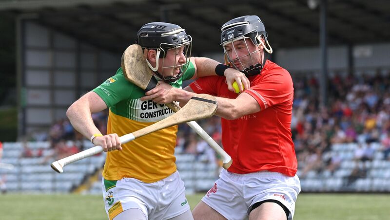Alan McEvoy of Blarney battles against Bride Rovers' Conor Barry - both clubs are in SAHC quarter-final action on Saturday evening. Picture: Dan Linehan