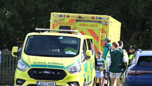 <p>Ambulance services in Cobh after the match was called off between Valley Rovers and Cloyne following a serious leg injury to Valley Rovers' John Cottrell. Picture: Eddie O'Hare</p>