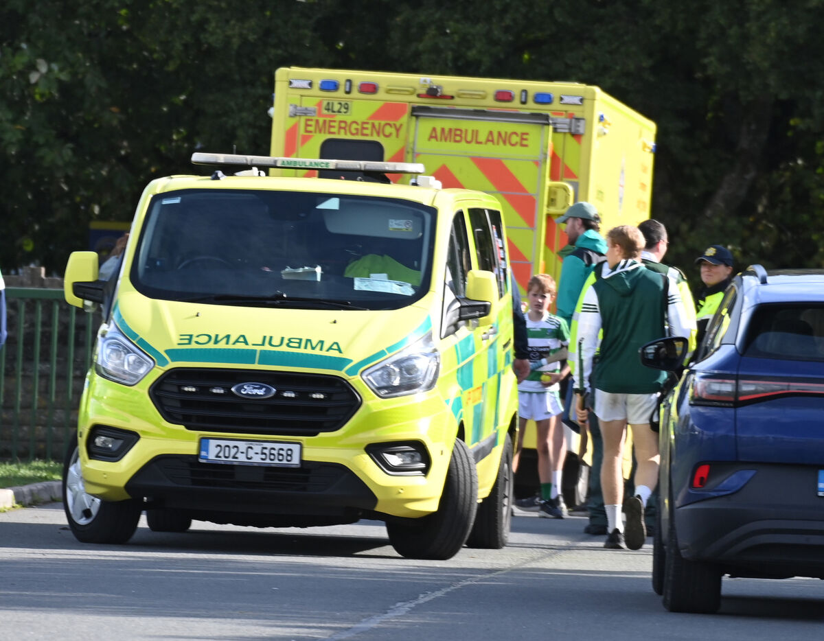 Ambulance services in Cobh after the match was called off between Valley Rovers and Cloyne following a serious leg injury to Valley Rovers' John Cottrell. Picture: Eddie O'Hare