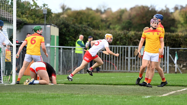 <p> Eoghan Martin, Castlemartyr, reacts after scoring the first-half goal against Mallow in the Co-Op Superstores PIHC relegation playoff at Glanworth. Picture: Larry Cummins</p>