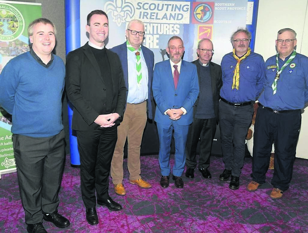 Colm Monaghan, Fr Ronan Sheehan, Tom Butler, Jerry Buttimer, Fr Alan O’Leary, Eoin Callanan, Chief Scout, and Mike O’Driscoll, Scout leader, at the event. Pictures: Denis Boyle