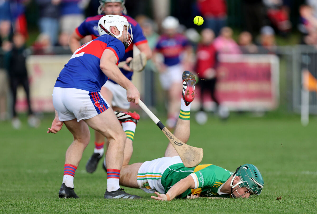  Cian O'Connor, Erin's Own, battling with Conor Griffin, Newtownshandrum, in the Premier Senior Hurling relegation play-off at Mourneabbey. Picture: Jim Coughlan.