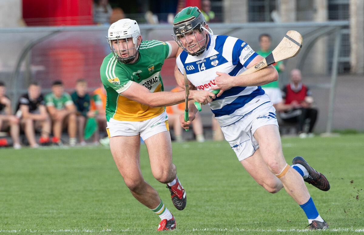 Eoin Roche of Bride Rovers and Inniscarra's Pádraig Holland - Bride Rovers are in the SAHC semi-finals for the fifth year in a row. Picture: Howard Crowdy