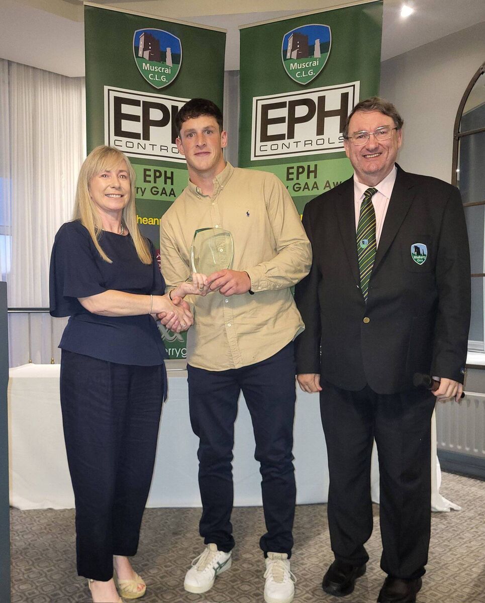 Marie Casey, EPH Controls, Colm O'Callaghan, latest EPH Controls Muskerry GAA award winner, and John Feeney, Muskerry GAA chairman. Picture: Anne O'Riordan