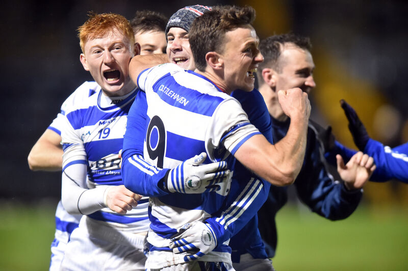 Castlehaven's Mark Collins celebrates the dramatic penalty shoot-out winner with Jack Cahalane against St Finbarr's in 2020. Picture: Eddie O'Hare