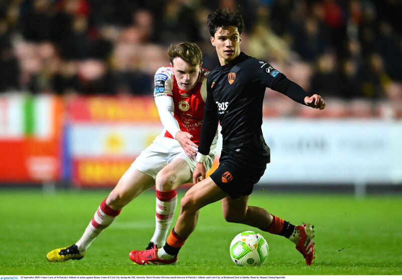 Conor Carty of St Patrick's Athletic in action against Benny Couto of Cork City during the SSE Airtricity Men's Premier Division match between St Patrick's Athletic and Cork City at Richmond Park in Dublin. Photo by Shauna Clinton/Sportsfile