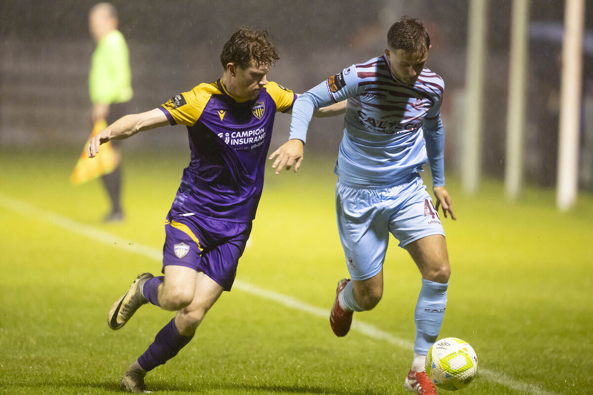 Wexford's Mikie Rowe puts pressure on Cobh Ramblers' Samuel Bellis. Picture: Patrick Browne